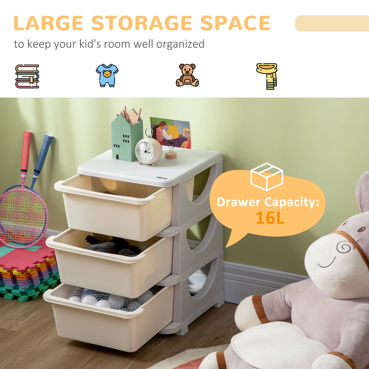 Kids Storage Units with Drawers 3 Tier Chest Vertical Dresser Tower Toy Organiser for Nursery Playroom Kindergarten White-3