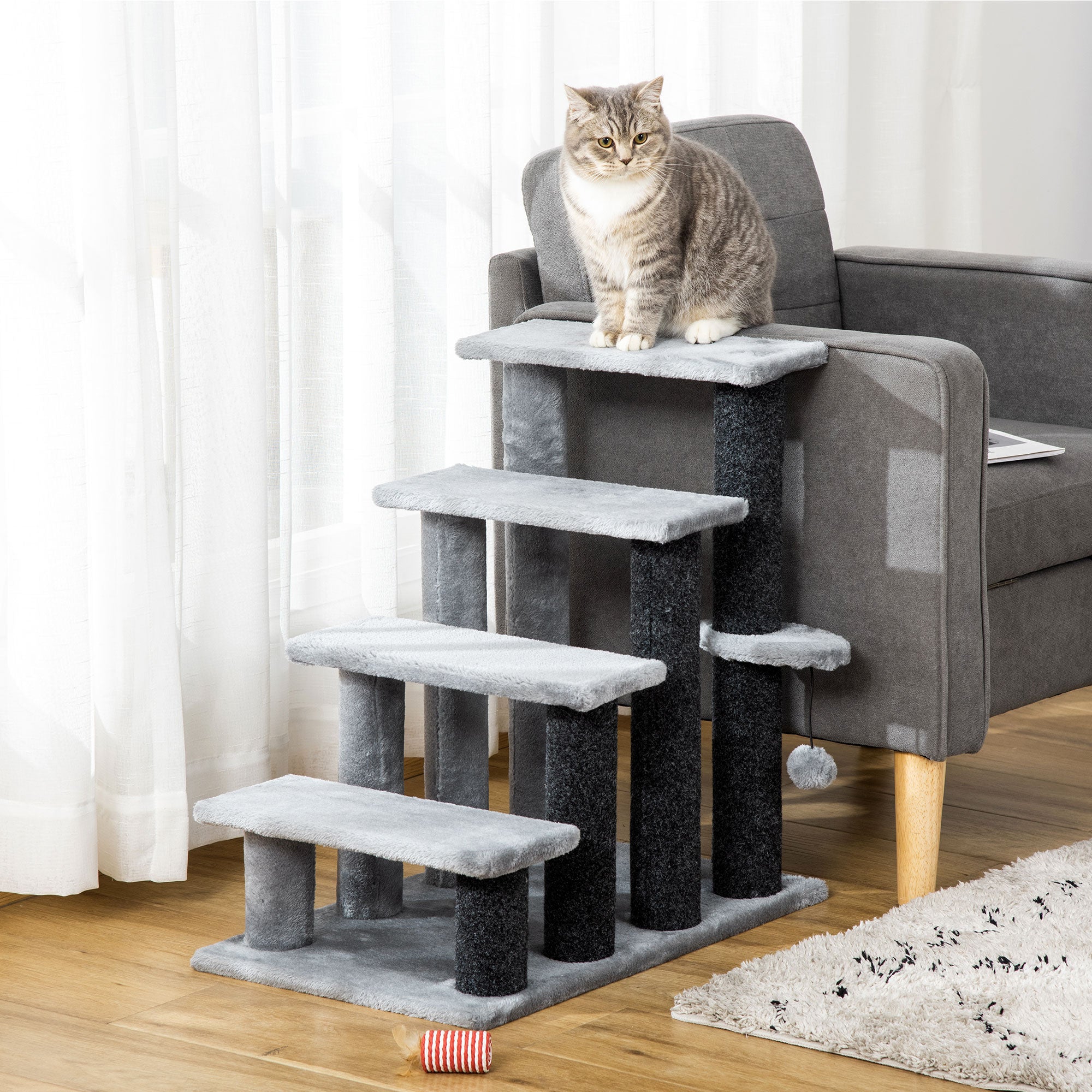 4-step Pet Stairs with Scratching Posts, Platforms, Toy Ball, Grey-1