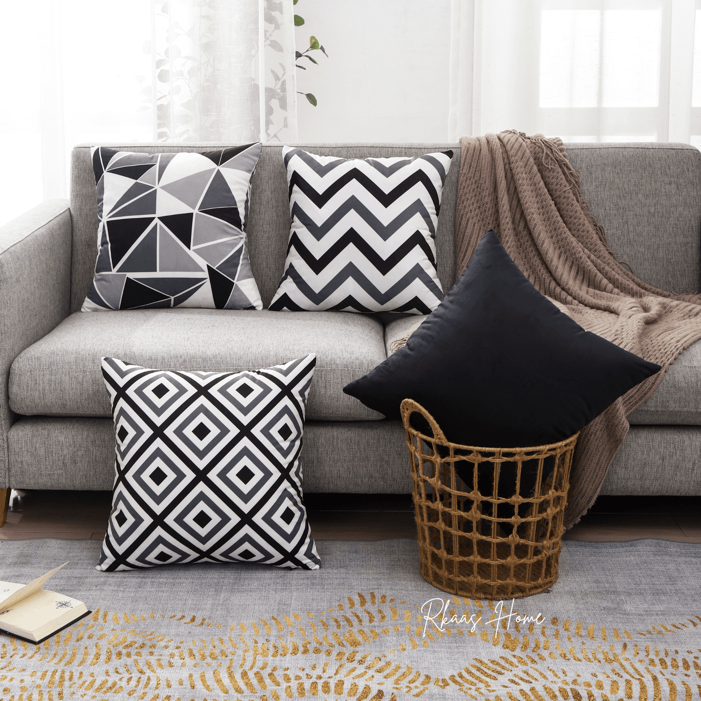 Designer Dutch Velvet Geometric Cushion Cover 45x45 cm - Black