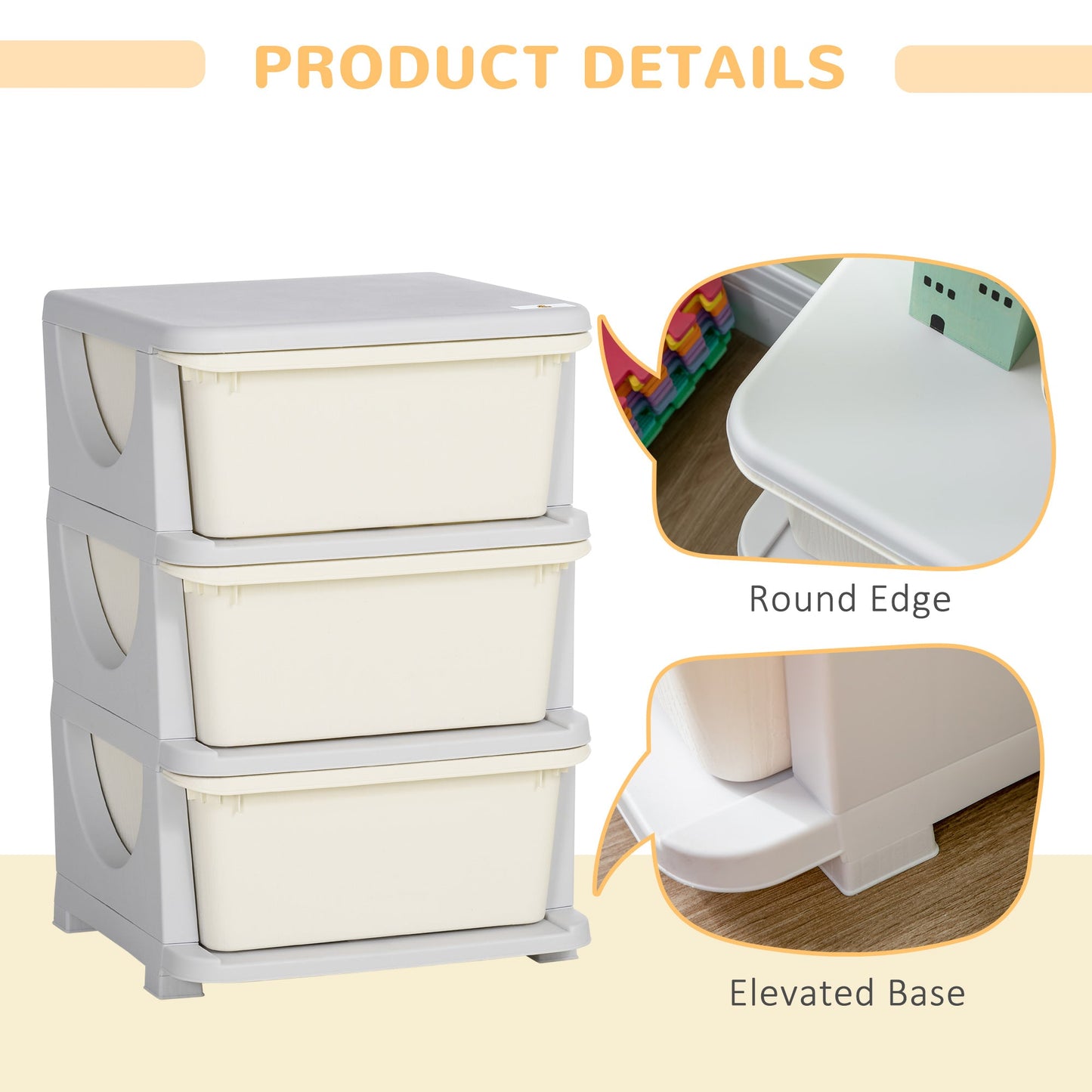 Kids Storage Units with Drawers 3 Tier Chest Vertical Dresser Tower Toy Organiser for Nursery Playroom Kindergarten White-4