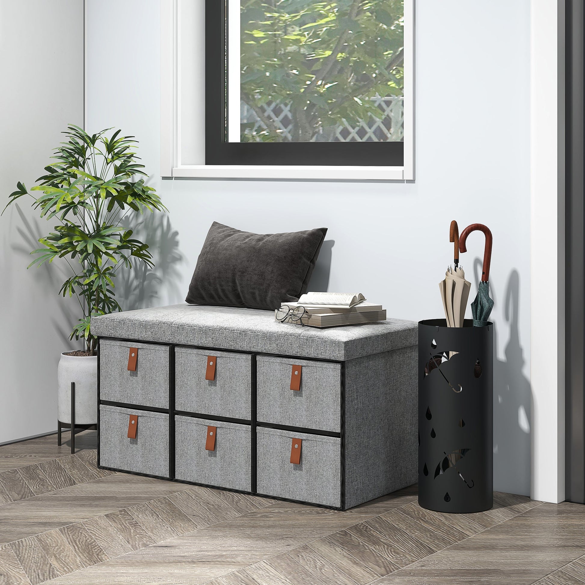 Shoe Bench with Seat, Shoe Storage Bench with Cushion and 6 Fabric Drawers for Entryway, Hallway, Living Room, Bedroom, Light Grey-1