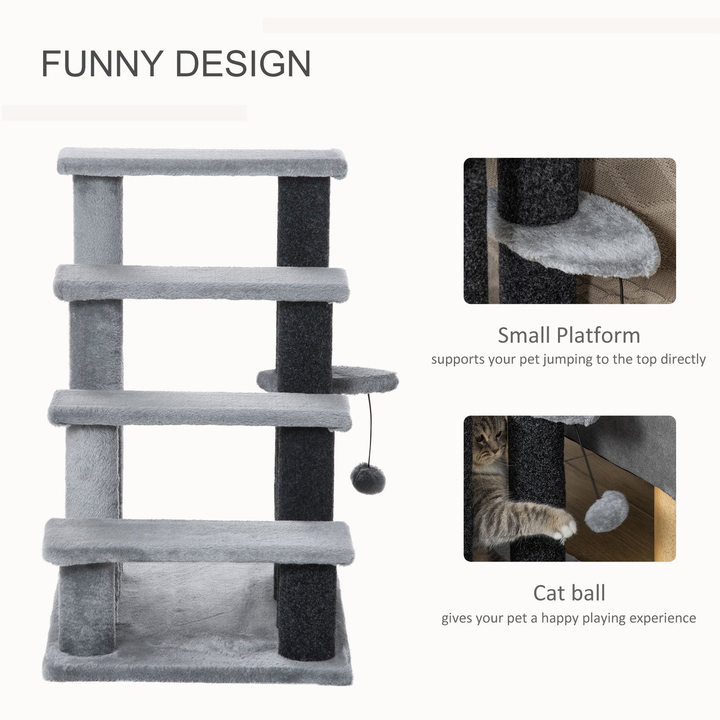 4-step Pet Stairs with Scratching Posts, Platforms, Toy Ball, Grey-4