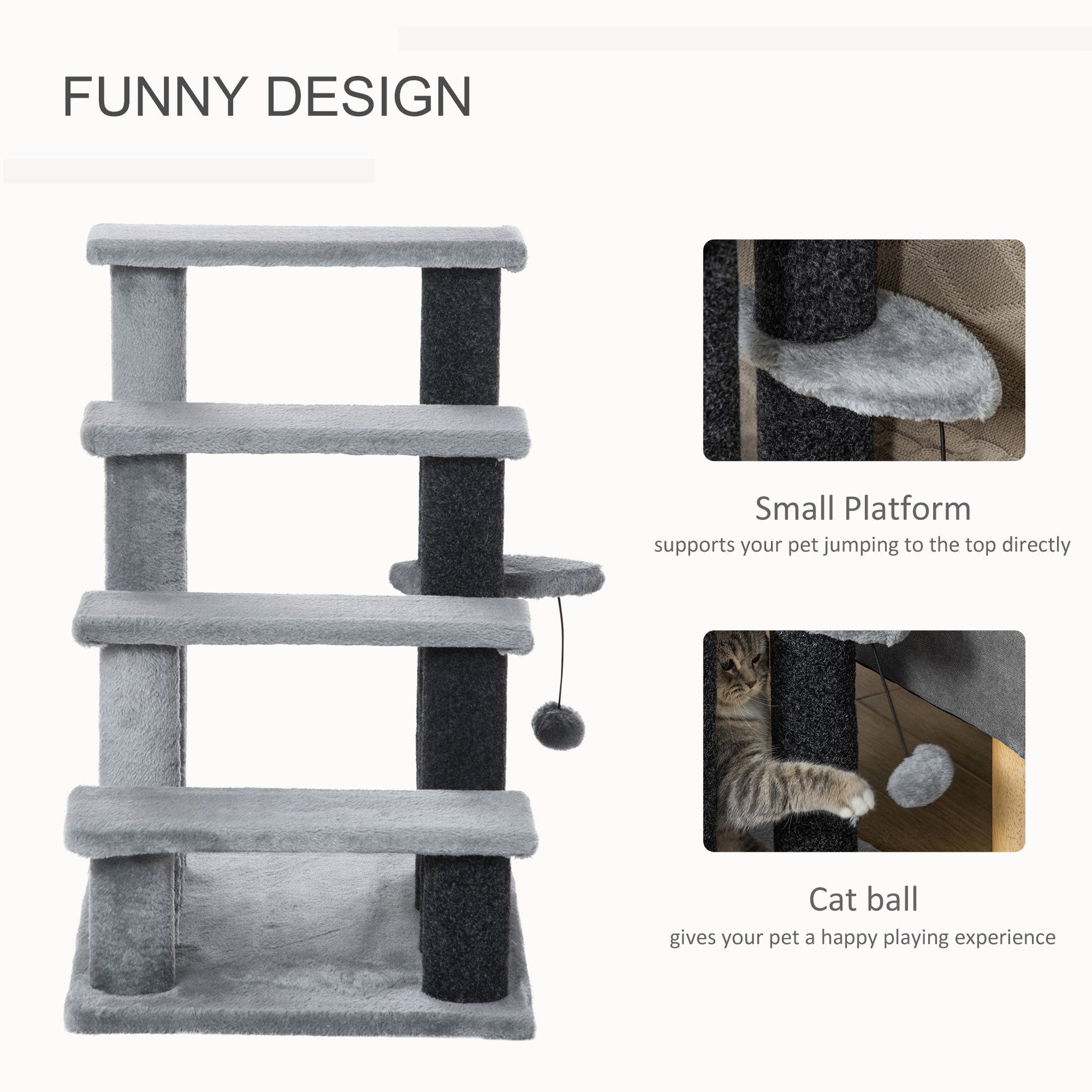 4-step Pet Stairs with Scratching Posts, Platforms, Toy Ball, Grey-4