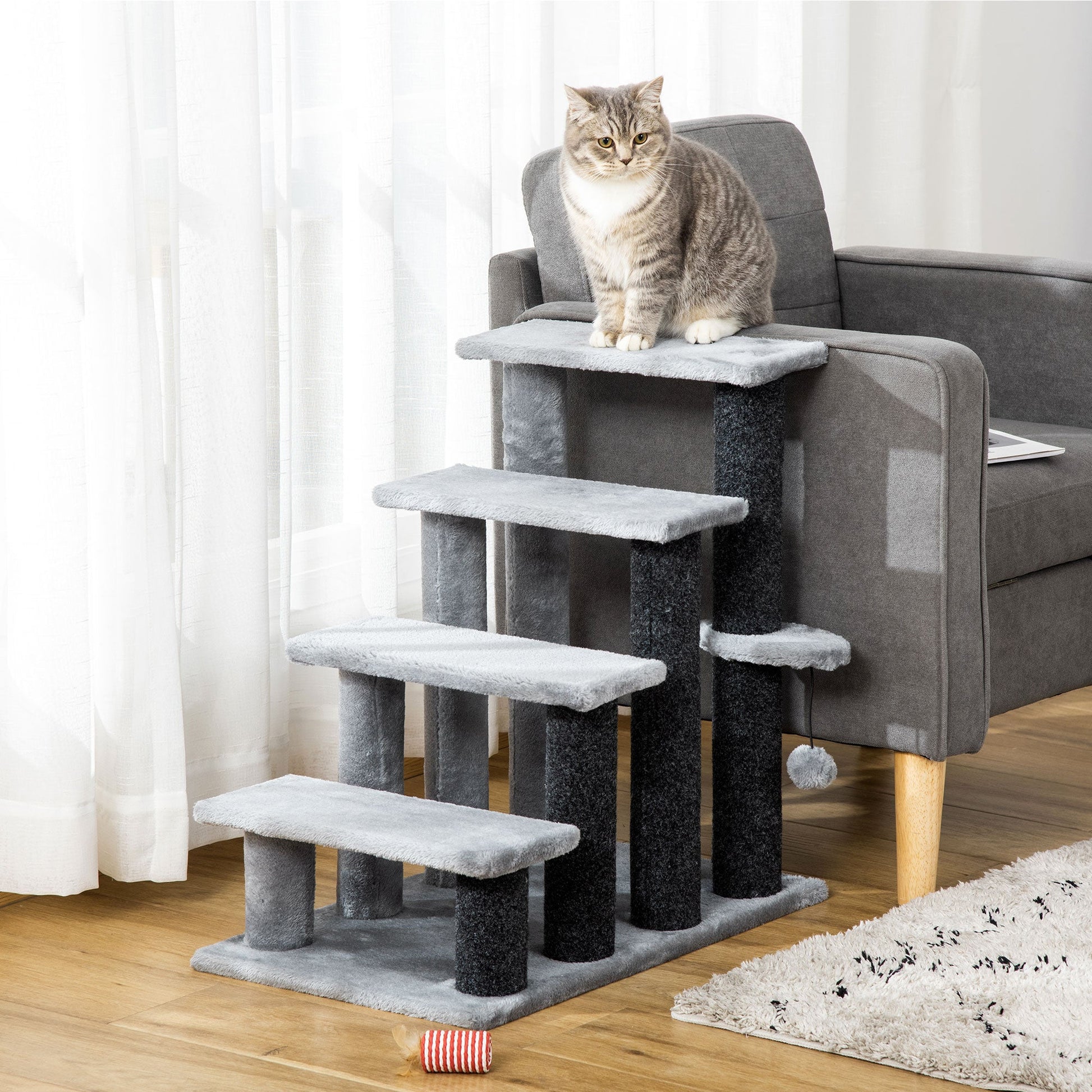 4-step Pet Stairs with Scratching Posts, Platforms, Toy Ball, Grey-1