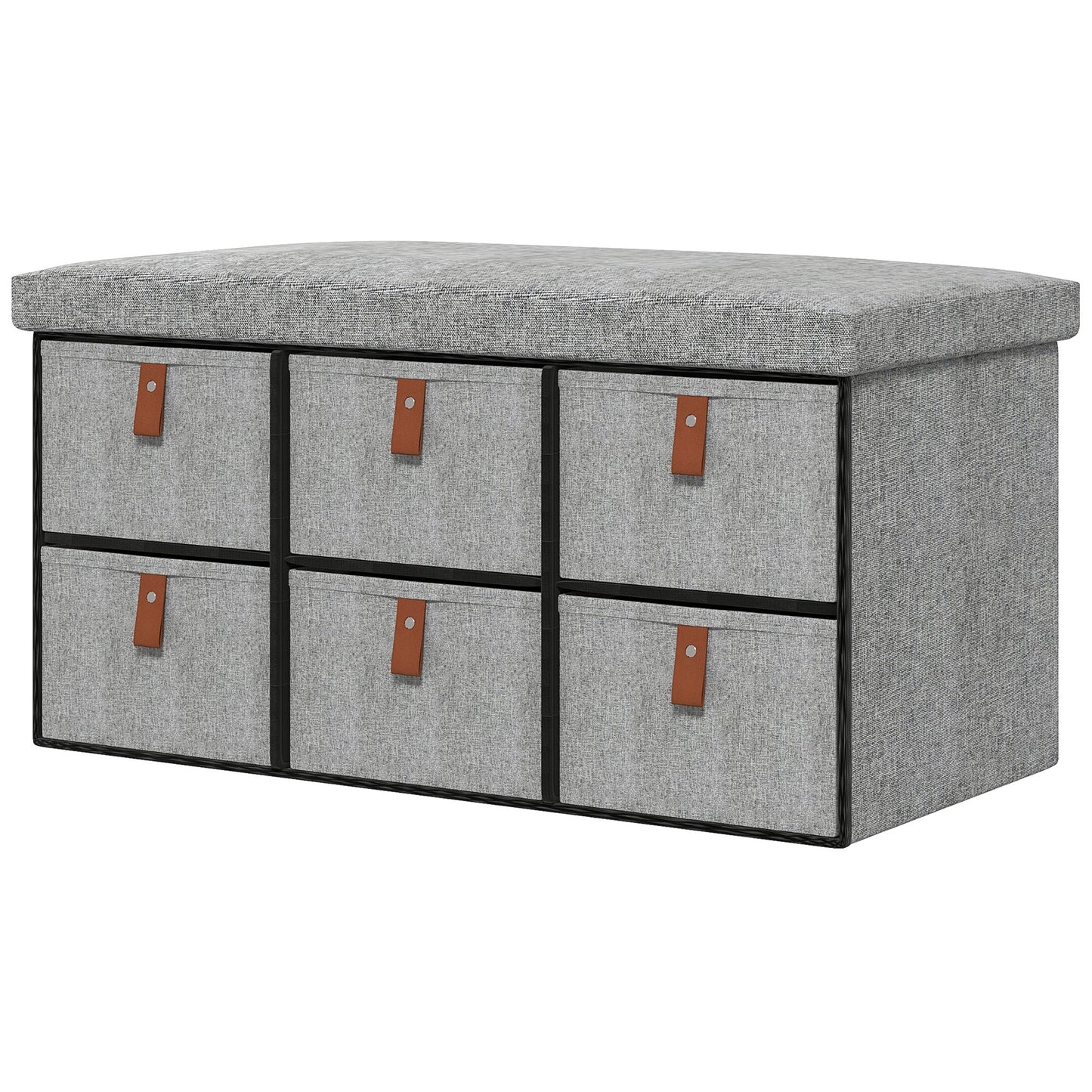 Shoe Bench with Seat, Shoe Storage Bench with Cushion and 6 Fabric Drawers for Entryway, Hallway, Living Room, Bedroom, Light Grey-0