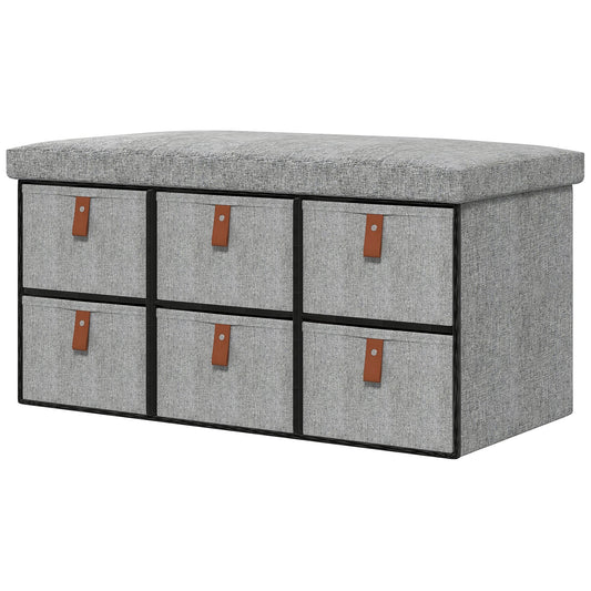 Shoe Bench with Seat, Shoe Storage Bench with Cushion and 6 Fabric Drawers for Entryway, Hallway, Living Room, Bedroom, Light Grey-0