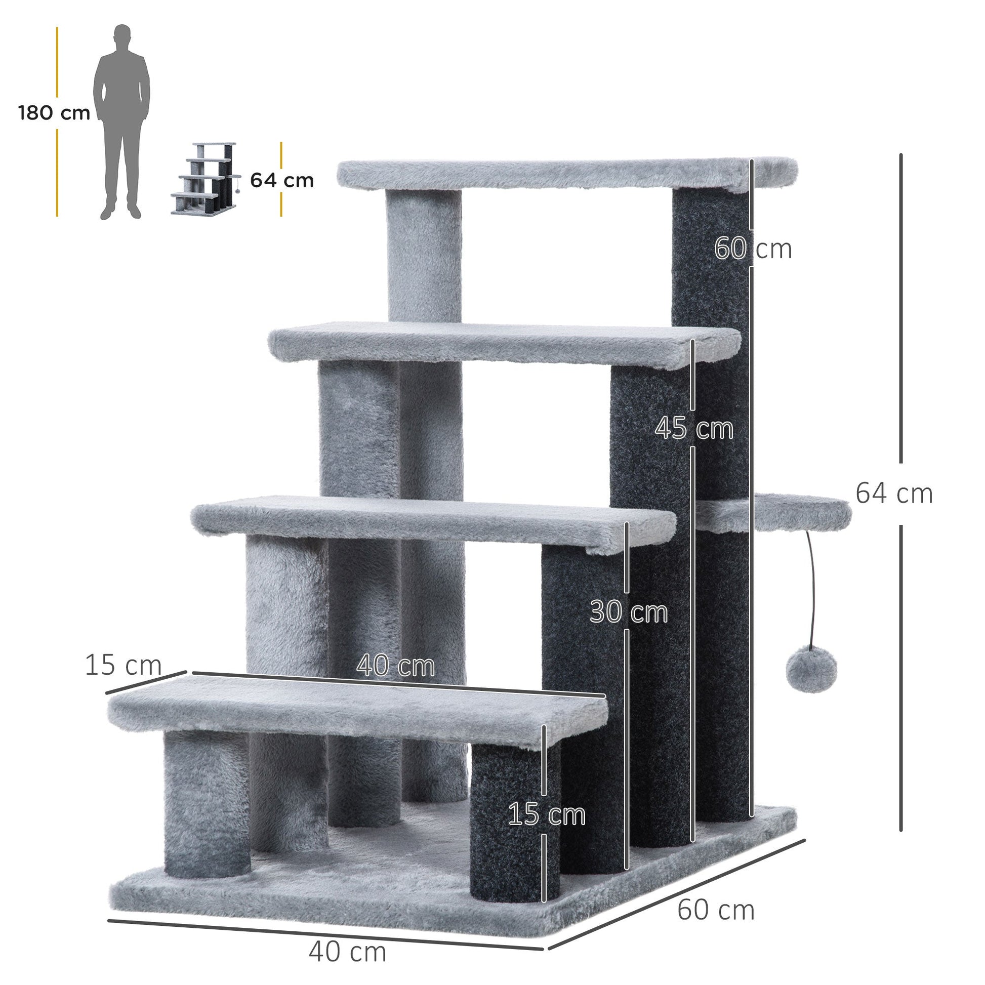 4-step Pet Stairs with Scratching Posts, Platforms, Toy Ball, Grey-2