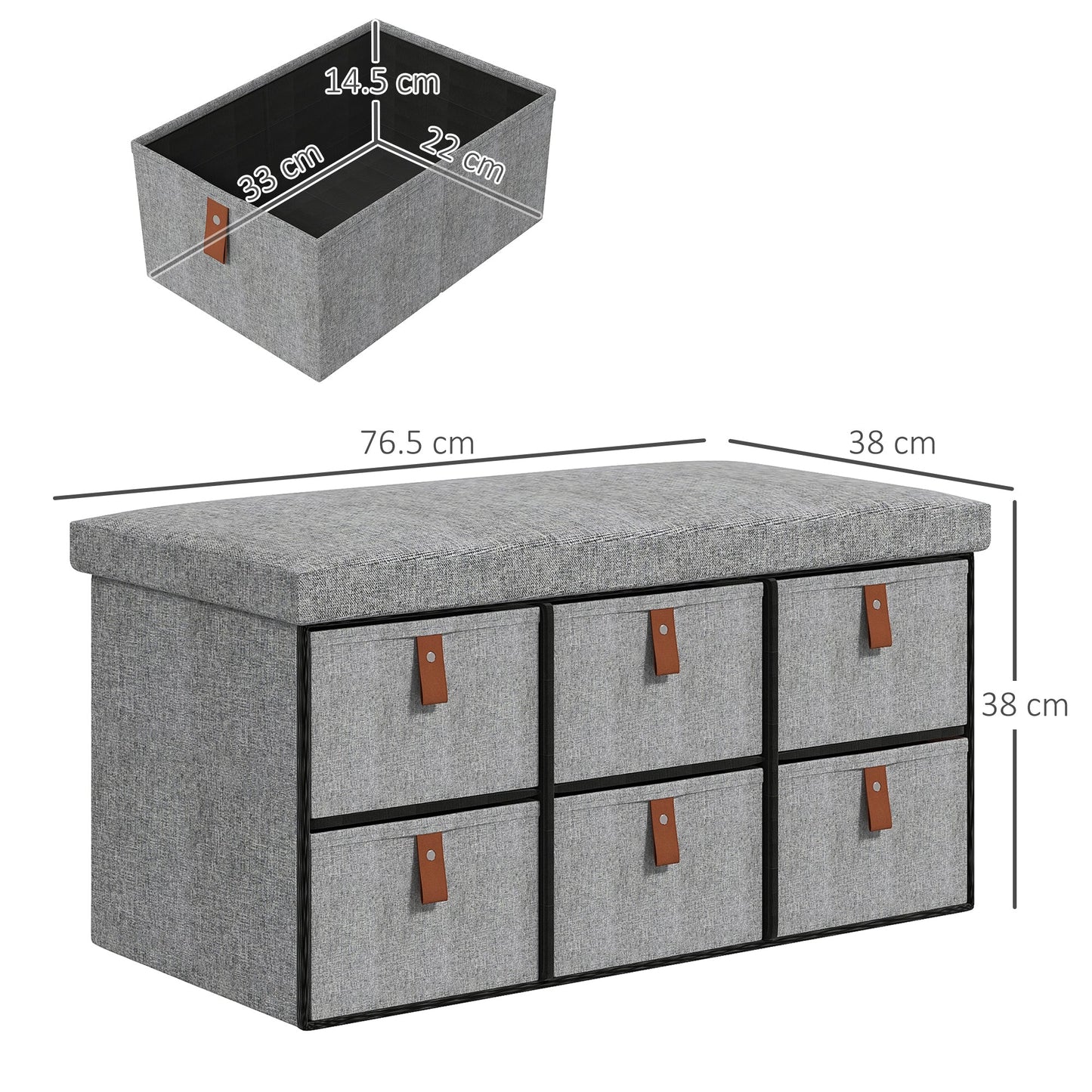 Shoe Bench with Seat, Shoe Storage Bench with Cushion and 6 Fabric Drawers for Entryway, Hallway, Living Room, Bedroom, Light Grey-2