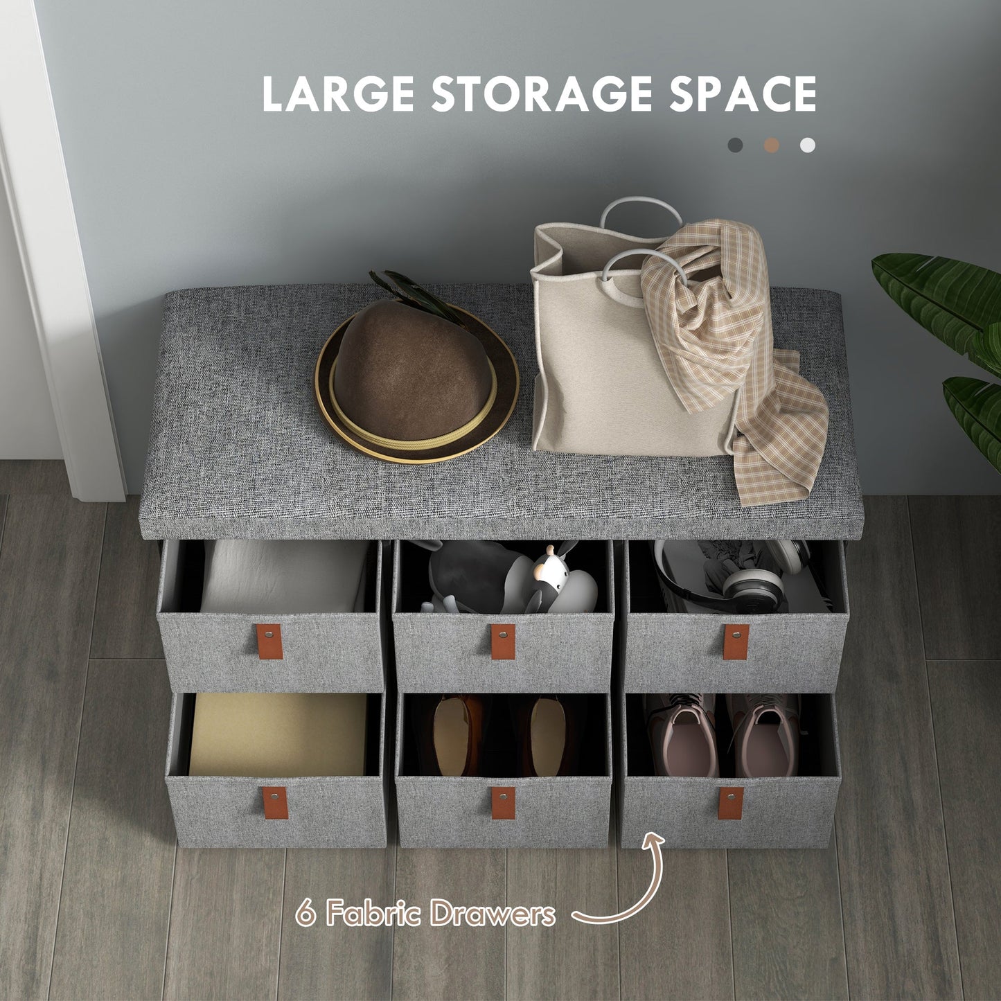 Shoe Bench with Seat, Shoe Storage Bench with Cushion and 6 Fabric Drawers for Entryway, Hallway, Living Room, Bedroom, Light Grey-4