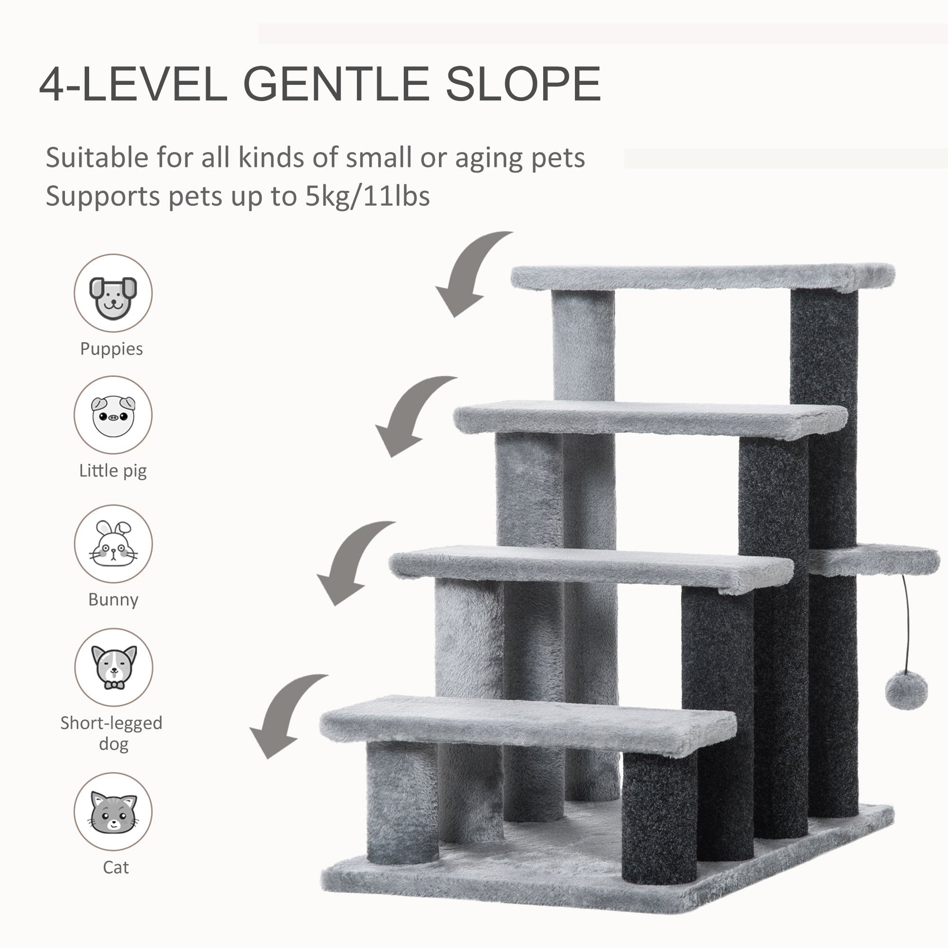 4-step Pet Stairs with Scratching Posts, Platforms, Toy Ball, Grey-3